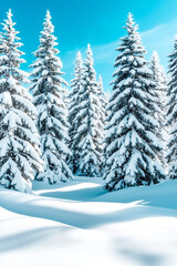 Fototapeta premium A group of snow covered trees in a snowy forest