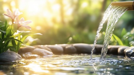 Serene water feature flows into a tranquil pond, sunlight illuminating the scene and delicate flowers.