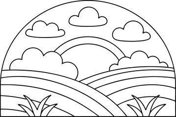 Cartoon Rainbow, Clouds, Hills, Grass Outline on Transparent Background Design