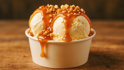 Delicious vanilla ice cream with caramel sauce and nuts