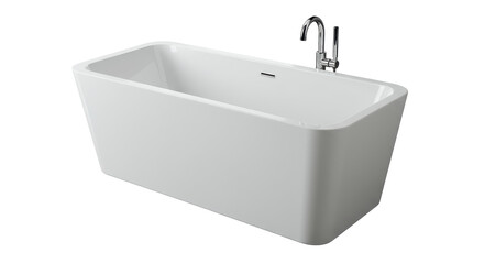 Isolated Modern White Rectangular Bathtub with Chrome Faucet