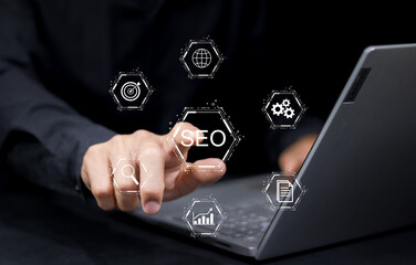 Closeup businessman working remotely at office, SEO search engine optimization concept diagram with...