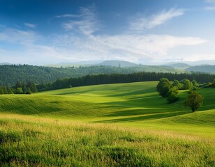 Fototapeta premium Summer landscape with hilly green field and forest in the distance