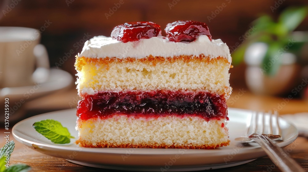 Poster Sponge cake layered with jam and cream. 