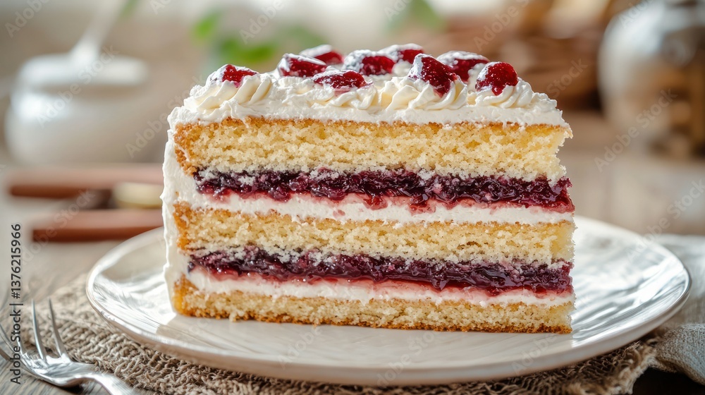 Poster Sponge cake layered with jam and cream. 