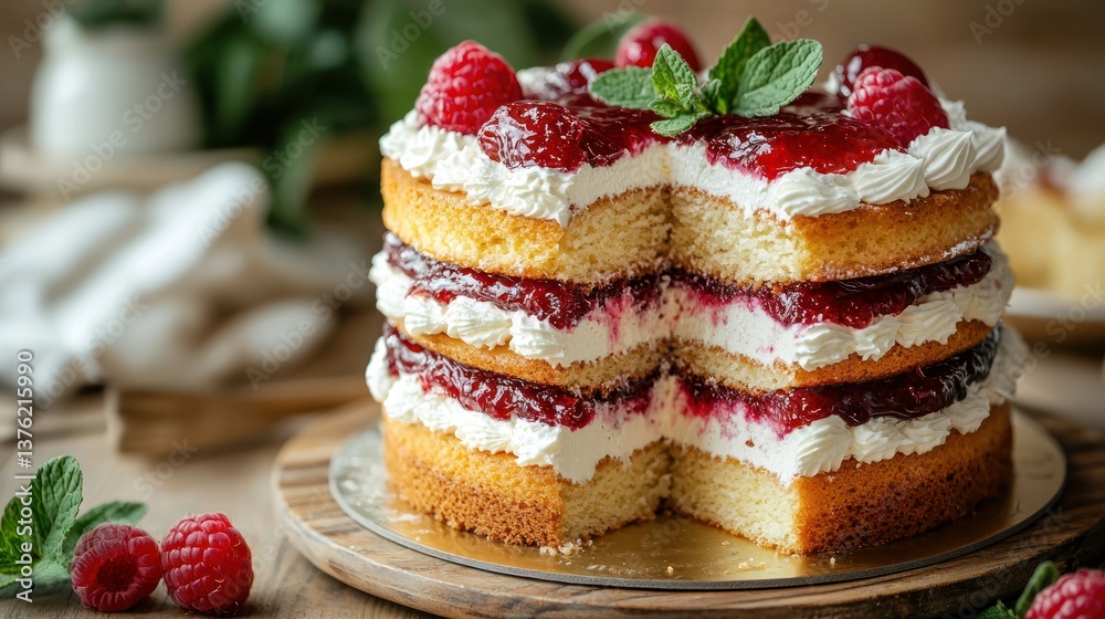 Poster Sponge cake layered with jam and cream. 