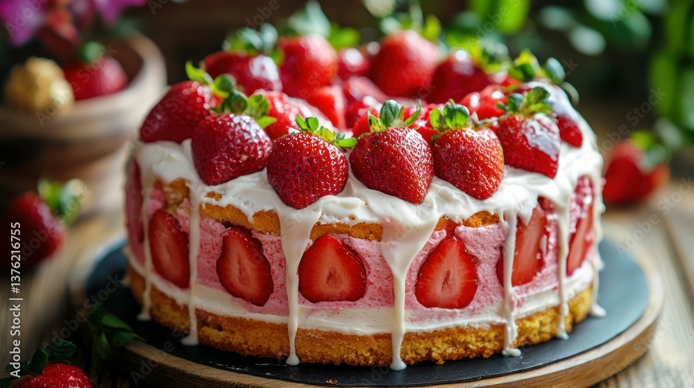 Poster Strawberry layer cake topped with glaze. 