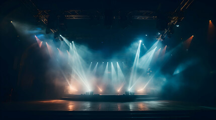 An empty stage bathed in ethereal blue and orange spotlights, awaiting the electrifying energy of a live performance, promising a night of unforgettable music and spectacle.