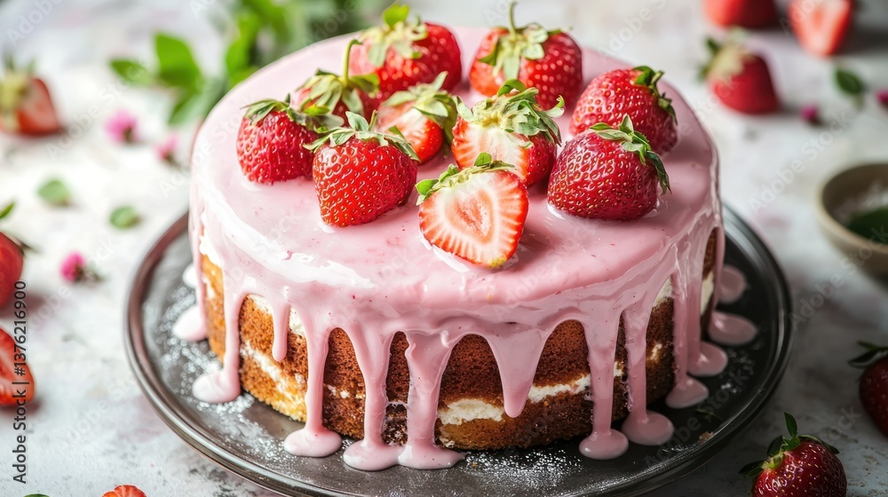 Poster strawberry layer cake topped with glaze.