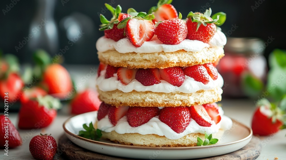 Poster strawberry shortcake with layers of cream.