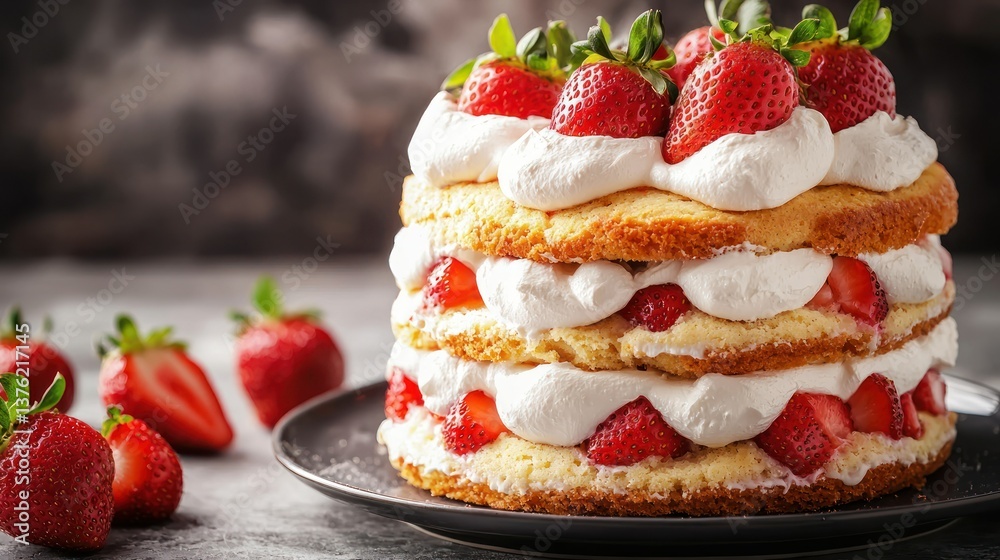 Poster strawberry shortcake with layers of cream.
