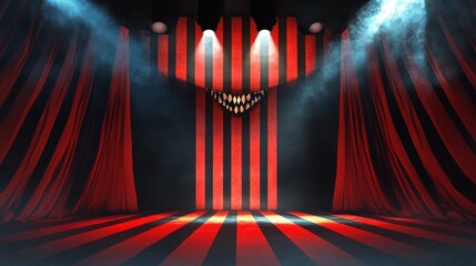 Empty circus stage with red curtains, striped backdrop and spotlights. illustration