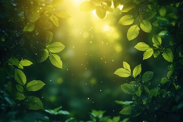 Sunlight filtering through green leaves in a serene forest during the early morning