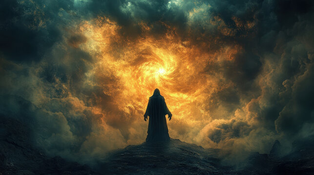 Fiery Sky Silhouette. A figure stands on a hill before a fiery vortex in the sky, creating a dramatic and ominous scene of power.