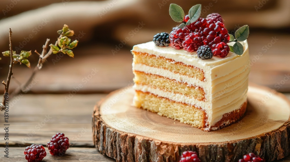 Poster Textured cake slice displayed on wood 