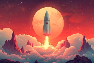 Fototapeta premium Business rocket soars into the sky against a colorful sunset over distant mountains