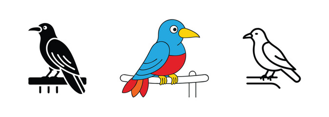 Three Bird Illustrations Crow, Colorful Bird, White Dove