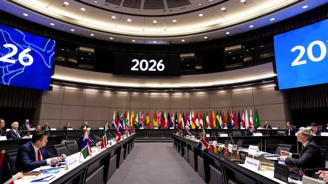 Global leaders and diplomats convening at international peace summit, negotiating global issues within conference hall adorned with national flags and digital displays