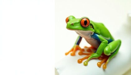Obraz premium Green tree frog perched on white, vibrant colors, one, nature photography, reptile