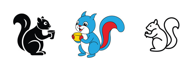 Three Adorable Squirrel Illustrations Black, Blue, and White