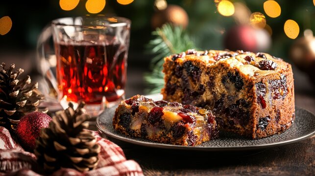 Traditional fruitcake served with a festive