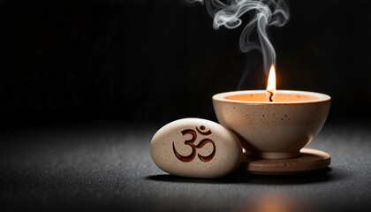 Spiritual candle with smoke and OM stone on a dark background  