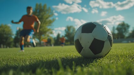Obraz premium A dynamic sports scene with a close-up of a soccer ball in action against a blurred stadium background