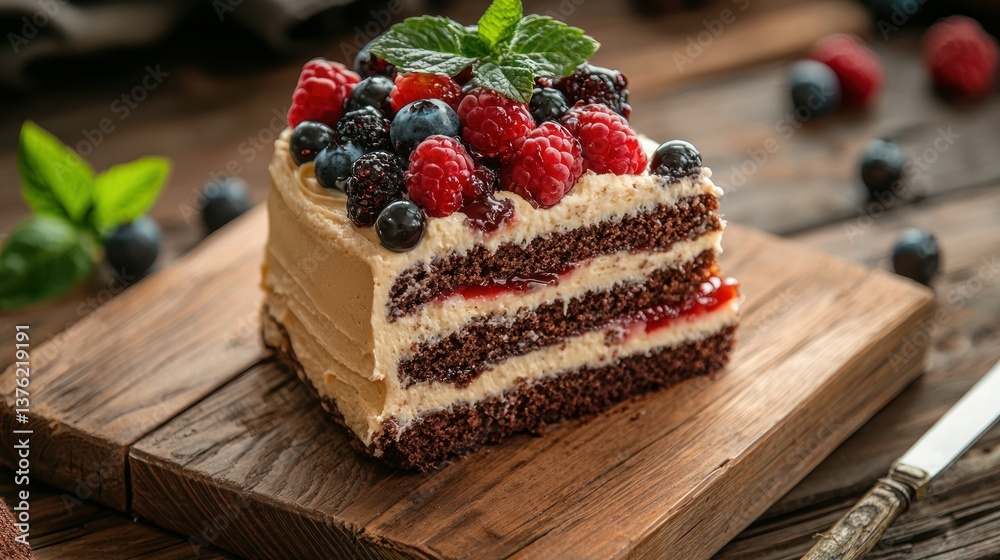 Poster Textured cake slice displayed on wood 