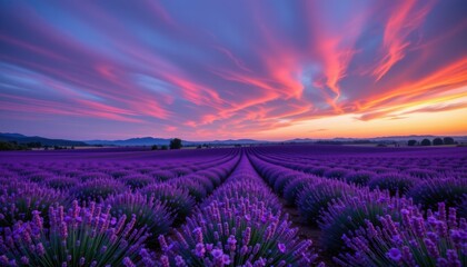 Lavender Fields at Dusk A serene landscape of rolling lavender fields under a dusky sky in deep purples and blues.