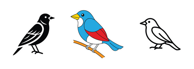 Three Bird Illustrations Black, Blue, White Avian Designs