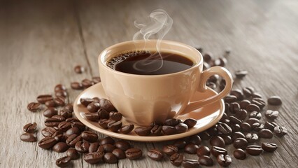 Steaming Hot Coffee with Coffee Beans , Freshly Brewed Hot Coffee in a Ceramic Cup , Rich Aroma of Hot Coffee with Roasted Coffee Beans