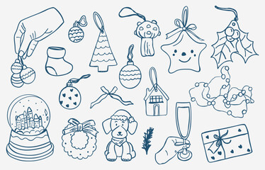 Christmas doodle set isolated on white background. Elements: snow globe, star, crystal ball, twinkle, Christmas decoration ornament. Line vector illustration