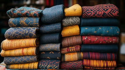 Textiles stacked neatly, showcasing a variety of colors and intricate patterns. Bright setting with rich textures and details visible under soft lighting. Concept of fabric market, design, crafts