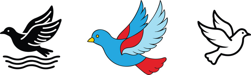 Three Birds in Flight Black, Blue, White Dove Designs