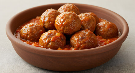 Hearty bowl of meatballs simmered in rich tomato sauce presented close up
