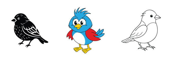 Obraz premium Cartoon Bird Illustrations Black, Blue, White, Coloring Page