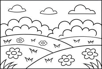 Outlined Landscape with Rolling Hills, Clouds, Flowers and Grass in Line Art