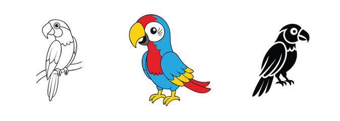 Colorful Parrot Illustrations Line Art, Colored, and Silhouette