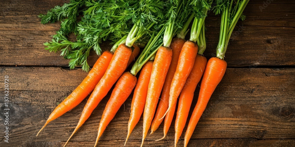 Poster vibrant carrots grouped together in a bunch on rustic table