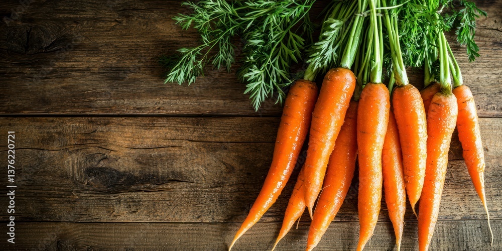 Poster vibrant carrots grouped together in a bunch on rustic table