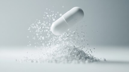 Close up view of a single medical capsule being split open and spilling tiny white granules or powder onto a clean white studio surface. Minimalist abstract concept for healthcare pharmaceuticals ill
