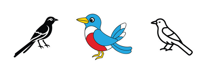 Three Bird Illustrations Black, Blue, and White Avian Designs