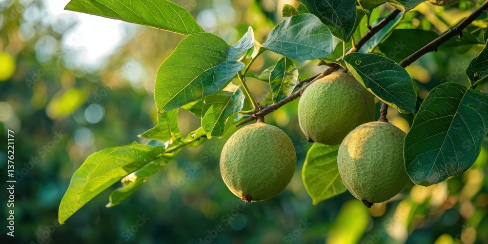 Poster view of guava fruits hanging from the branches of a tree, leaves gently swaying in the breeze.