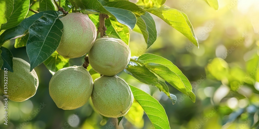 Poster view of guava fruits hanging from the branches of a tree, leaves gently swaying in the breeze.
