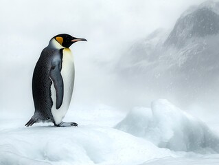 Fototapeta premium Emperor Penguin Standing on Iceberg in Snowy Antarctica Landscape Scenery