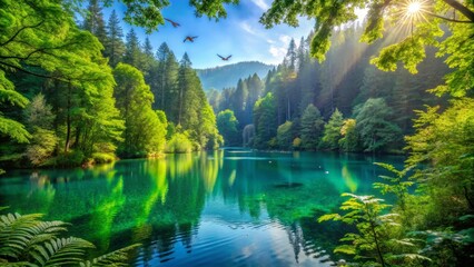 Serene forest lake reflecting sunlit canopy, birds in flight above tranquil water