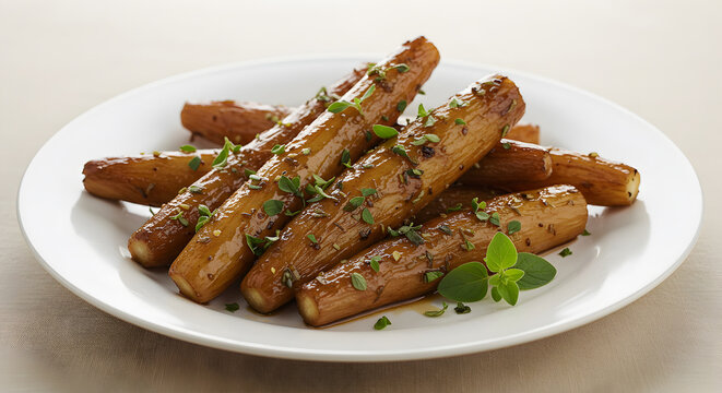Elegant presentation of glazed salsify adorned with fresh herbs on white plate