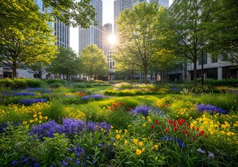 Obraz premium Lush Urban Park with Flowers, Trees and Skyscrapers Cityscape Nature Scene.
