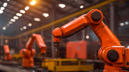 A close-up of an orange industrial robotic arm in a factory setting, showcasing automation technology and advanced manufacturing processes.