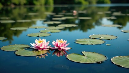 Water lilies forming a geometric pattern across a still lake, scenic, photography, flower